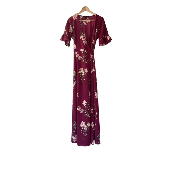 Lulus September Sunsets Burgundy Floral Print Wrap Maxi Dress - Picture 4 of 6